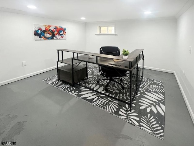 1036 Creger Ave, Union Twp, NJ 07083 - office area featuring concrete floors, baseboards, crown molding, and recessed lighting