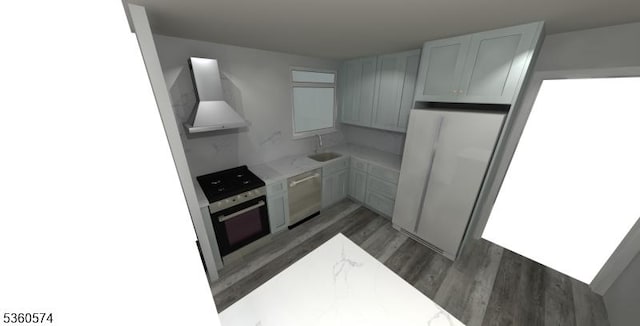 813 Riverbend Dr, Clark Twp, NJ 07066 - kitchen featuring fridge, wall chimney range hood, stainless steel dishwasher, light wood-type flooring, and a sink