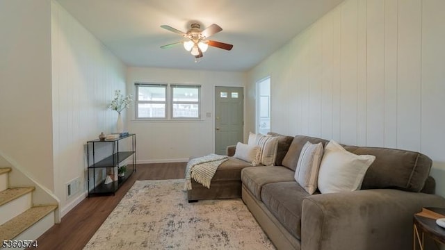 813 Riverbend Dr, Clark Twp, NJ 07066 - living room with a ceiling fan, dark wood-style flooring, stairway, and baseboards