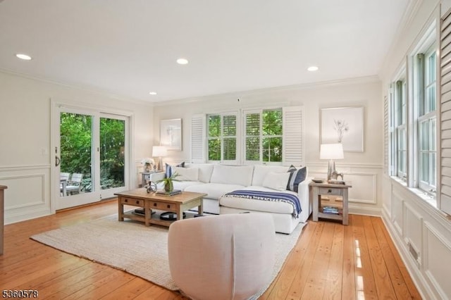 5 Barry Ln, Millburn Twp, NJ 07078 - living area with a decorative wall, light wood finished floors, ornamental molding, and recessed lighting