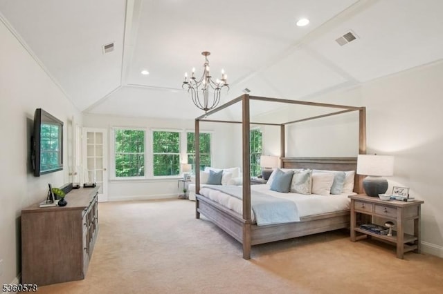 5 Barry Ln, Millburn Twp, NJ 07078 - bedroom with light carpet, baseboards, a chandelier, vaulted ceiling, and recessed lighting