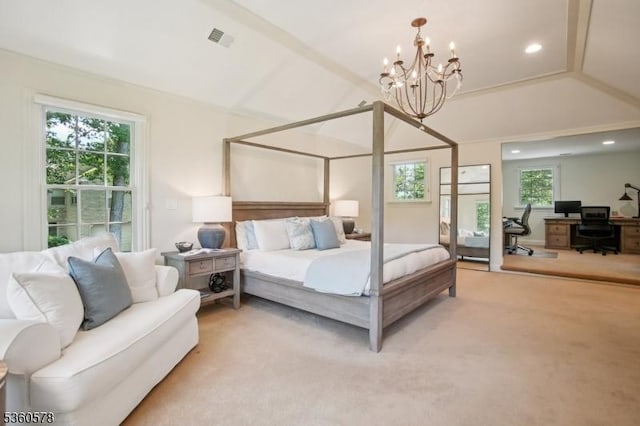 5 Barry Ln, Millburn Twp, NJ 07078 - bedroom featuring a desk, light carpet, a chandelier, recessed lighting, and lofted ceiling