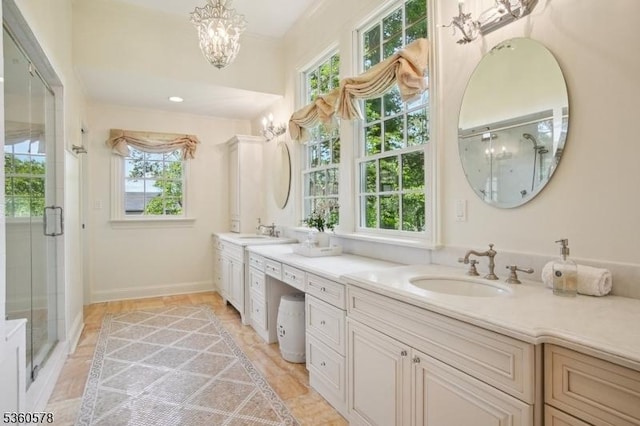 5 Barry Ln, Millburn Twp, NJ 07078 - bathroom featuring a shower stall, vanity, a chandelier, and baseboards