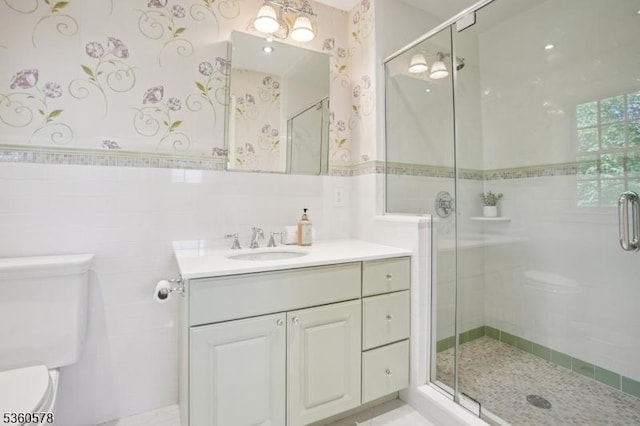 5 Barry Ln, Millburn Twp, NJ 07078 - full bathroom featuring toilet, vanity, a shower stall, and wallpapered walls