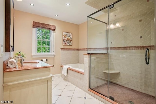 5 Barry Ln, Millburn Twp, NJ 07078 - full bath with a garden tub, vanity, a stall shower, tile patterned flooring, and recessed lighting