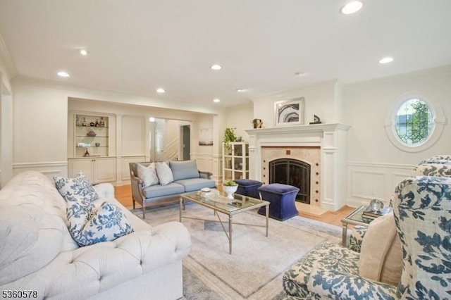 5 Barry Ln, Millburn Twp, NJ 07078 - living room with a decorative wall, recessed lighting, ornamental molding, light wood-type flooring, and a fireplace with flush hearth