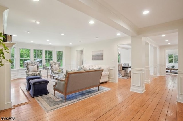 5 Barry Ln, Millburn Twp, NJ 07078 - living area featuring a decorative wall, light wood-style floors, a wainscoted wall, and recessed lighting