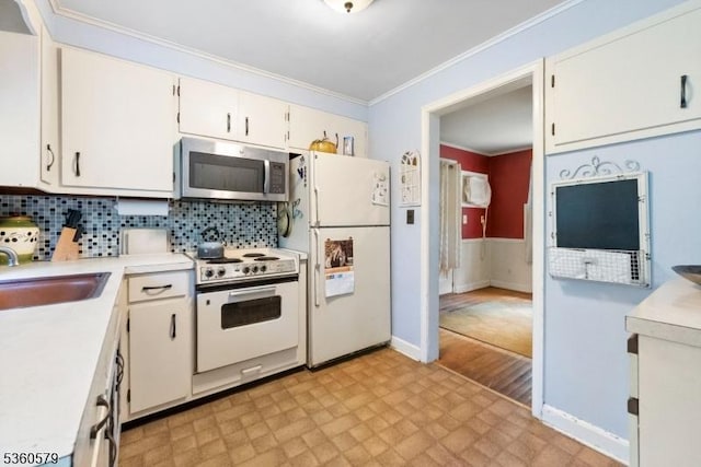 274 Diamond Hill Rd, Berkeley Heights Twp, NJ 07922 - kitchen with white appliances, a sink, light floors, light countertops, and crown molding