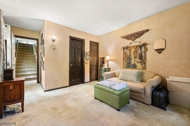 274 Diamond Hill Rd, Berkeley Heights Twp, NJ 07922 - living area featuring light colored carpet, stairs, and baseboards