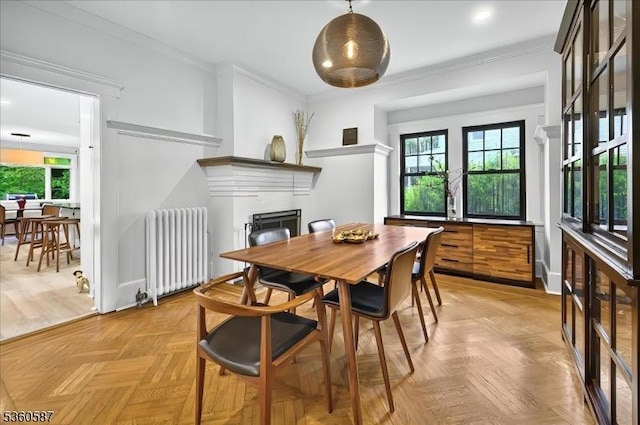 246 Park Ave, Allendale Boro, NJ 07401 - dining area with radiator heating unit, plenty of natural light, a fireplace, crown molding, and recessed lighting