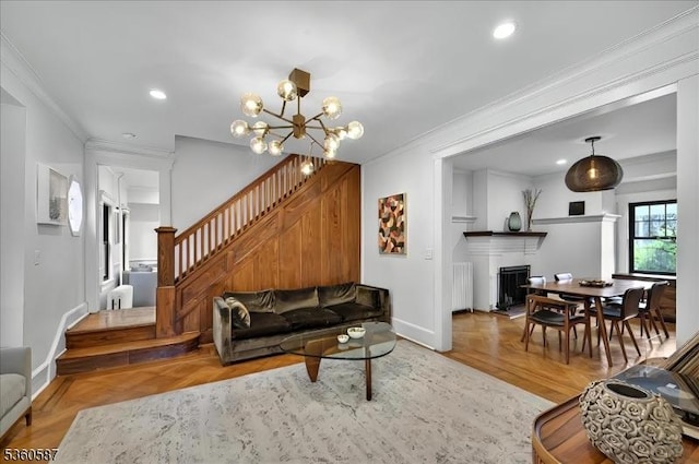 246 Park Ave, Allendale Boro, NJ 07401 - living area featuring ornamental molding, baseboards, radiator, stairway, and a chandelier