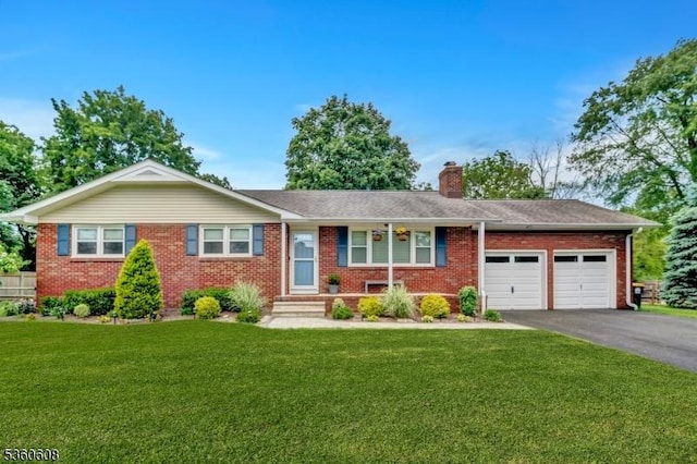11 Anne St, Hillsborough Twp, NJ 08844 - ranch-style home featuring driveway, a chimney, brick siding, a garage, and a front lawn
