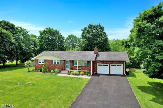 11 Anne St, Hillsborough Twp, NJ 08844 - single story home with an attached garage, a chimney, driveway, brick siding, and a front yard