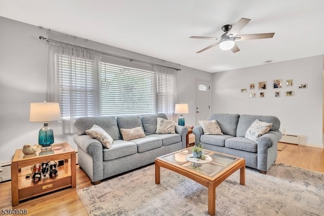 11 Anne St, Hillsborough Twp, NJ 08844 - living room featuring a baseboard radiator, ceiling fan, and wood finished floors