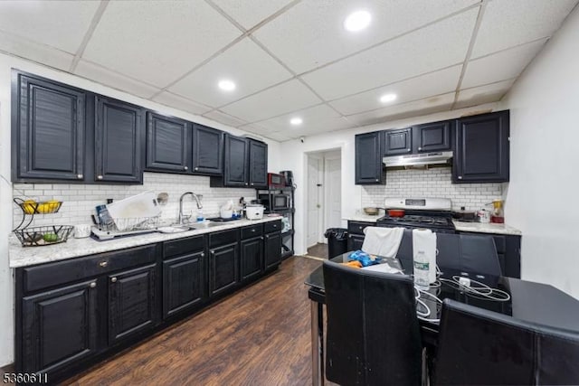 159 2nd St, Elizabeth City, NJ 07206 - kitchen featuring under cabinet range hood, a sink, a drop ceiling, decorative backsplash, and dark wood-style floors