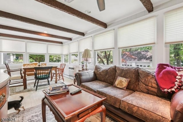 29 Union Ave, New Providence Boro, NJ 07974 - living area featuring beamed ceiling, light wood-style floors, and a ceiling fan