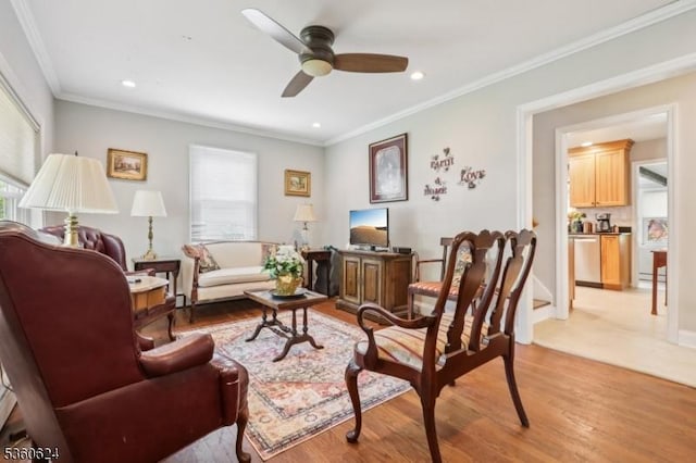 29 Union Ave, New Providence Boro, NJ 07974 - living area featuring plenty of natural light, a ceiling fan, light wood finished floors, ornamental molding, and recessed lighting