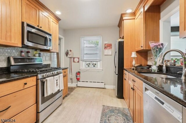 29 Union Ave, New Providence Boro, NJ 07974 - kitchen with stainless steel appliances, baseboard heating, backsplash, dark stone counters, and recessed lighting