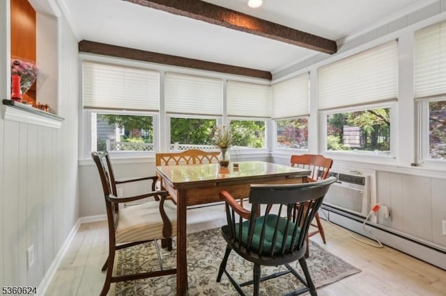 29 Union Ave, New Providence Boro, NJ 07974 - dining space with a baseboard heating unit, healthy amount of natural light, beamed ceiling, and light wood-style floors