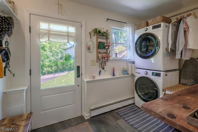 51 E Main St, High Bridge Boro, NJ 08829 - washroom featuring a baseboard heating unit, estacked washer and dryer, and wood finished floors