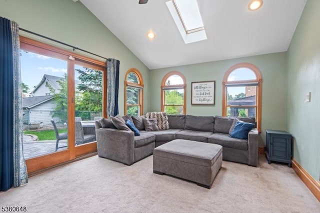 126 Beech St, Nutley Twp, NJ 07110 - living area with carpet, lofted ceiling, a skylight, recessed lighting, and baseboards