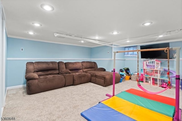 126 Beech St, Nutley Twp, NJ 07110 - game room with recessed lighting, ornamental molding, and carpet
