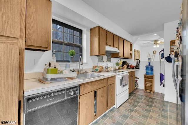 323 Gill Ln Unit Q, Woodbridge Twp, NJ 08830 - kitchen with dishwashing machine, white electric range, a sink, light countertops, and under cabinet range hood