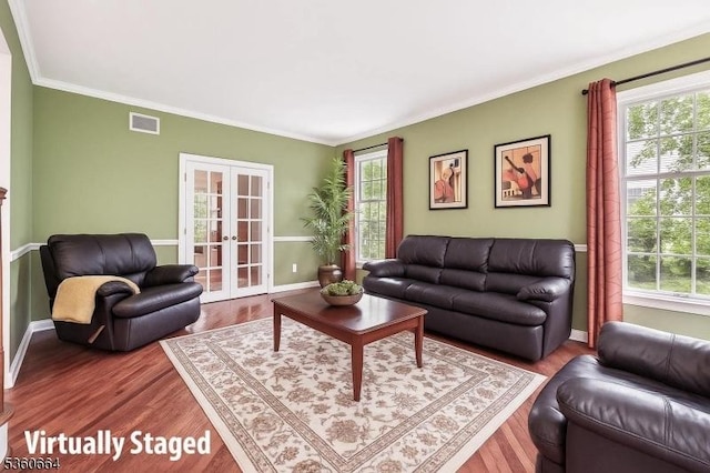 9 Labaw Way, Montgomery Twp, NJ 08502 - living room with french doors, wood finished floors, ornamental molding, and baseboards