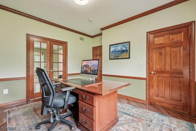 9 Labaw Way, Montgomery Twp, NJ 08502 - home office featuring ornamental molding, french doors, baseboards, and light wood finished floors