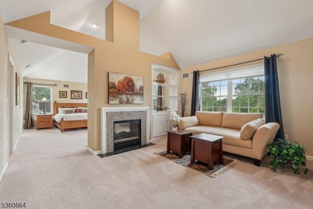 9 Labaw Way, Montgomery Twp, NJ 08502 - carpeted living area featuring baseboards, a fireplace with flush hearth, and high vaulted ceiling