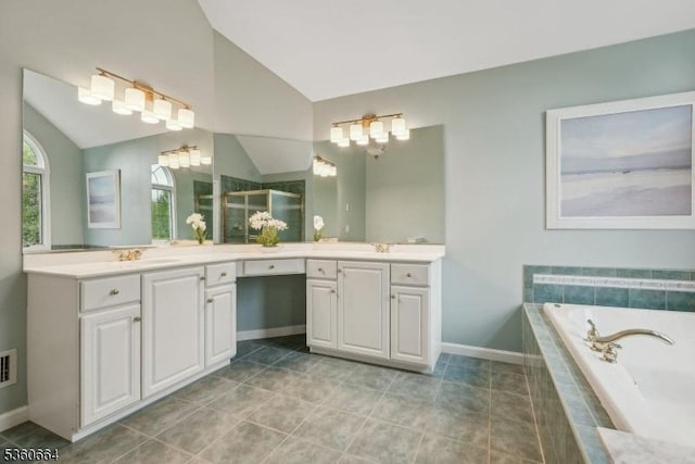 9 Labaw Way, Montgomery Twp, NJ 08502 - bathroom featuring lofted ceiling, double vanity, a bath, baseboards, and a shower stall