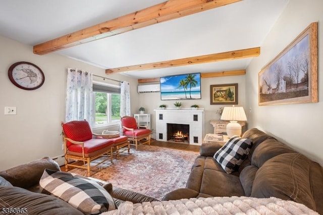 126 Smith Rd, Franklin Twp, NJ 08873 - living area featuring a wall mounted air conditioner, beamed ceiling, a fireplace with flush hearth, and wood finished floors