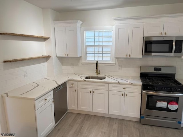 67 Mead St, Newark City, NJ 07106 - kitchen with stainless steel appliances, a sink, open shelves, white cabinetry, and light wood-type flooring