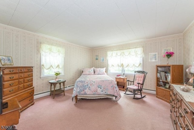 291 Germantown Rd, West Milford Twp, NJ 07480 - carpeted bedroom with wallpapered walls, multiple windows, a baseboard radiator, and crown molding