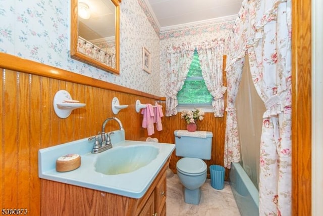 291 Germantown Rd, West Milford Twp, NJ 07480 - full bath with wallpapered walls, ornamental molding, toilet, vanity, and a wainscoted wall