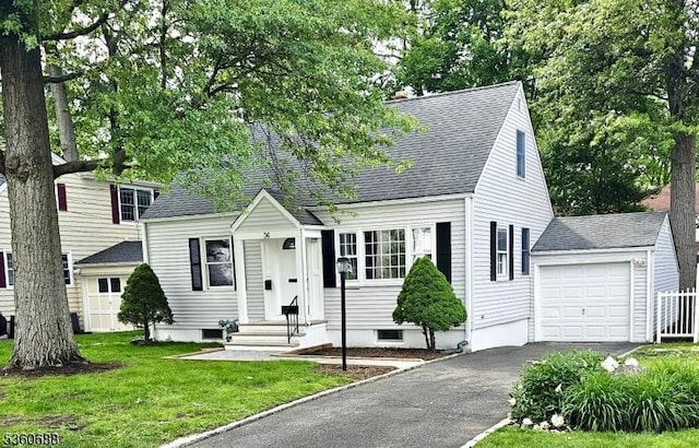 36 Webster Ave, Summit City, NJ 07901 - view of front of house with asphalt driveway, a front lawn, a shingled roof, and a garage