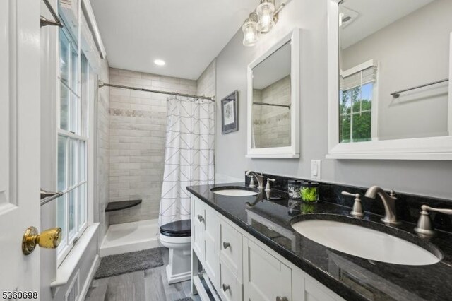 7 Michael Ct, Green Twp, NJ 07860 - full bathroom with double vanity, tiled shower, toilet, and wood finished floors