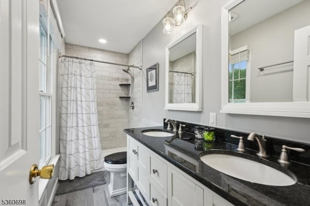 7 Michael Ct, Green Twp, NJ 07860 - full bath featuring double vanity, a shower with shower curtain, toilet, and wood finished floors