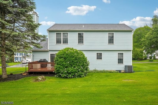7 Michael Ct, Green Twp, NJ 07860 - rear view of property with a wooden deck, a yard, and central AC unit