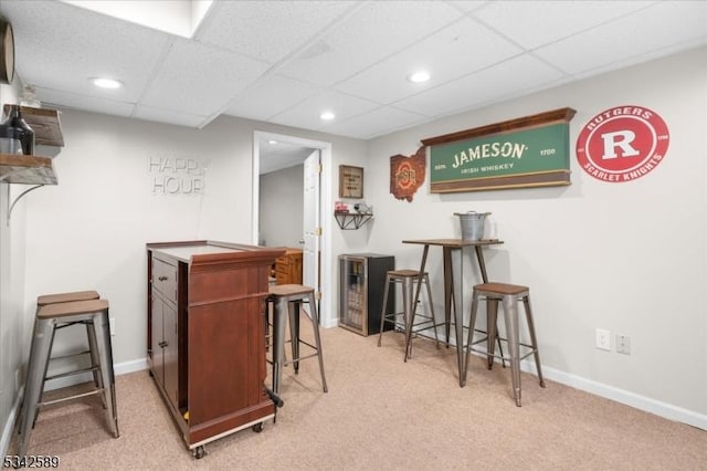 424 Willow Ct, Raritan Twp, NJ 08822 - bar area with carpet, a drop ceiling, recessed lighting, and baseboards