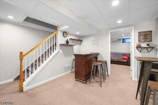 424 Willow Ct, Raritan Twp, NJ 08822 - indoor dry bar featuring carpet floors, recessed lighting, stairs, and baseboards