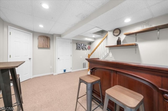 424 Willow Ct, Raritan Twp, NJ 08822 - indoor dry bar with light colored carpet, a drop ceiling, recessed lighting, baseboards, and stairs