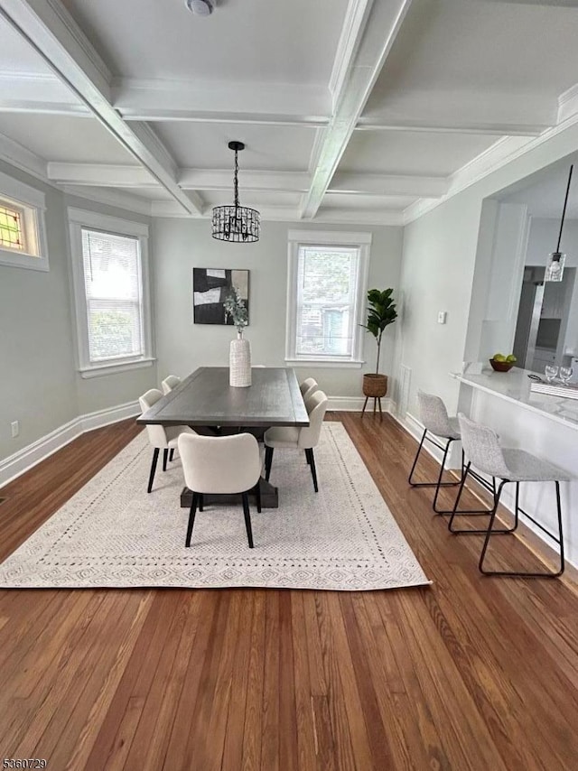 96 Franklin Ave, Maplewood Twp, NJ 07040 - dining area with baseboards, coffered ceiling, dark wood-style floors, beam ceiling, and a chandelier