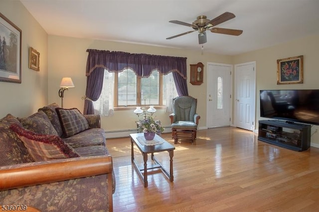 455 Rte 206, Andover Twp, NJ 07860 - living area featuring wood finished floors, baseboard heating, a ceiling fan, and a baseboard radiator