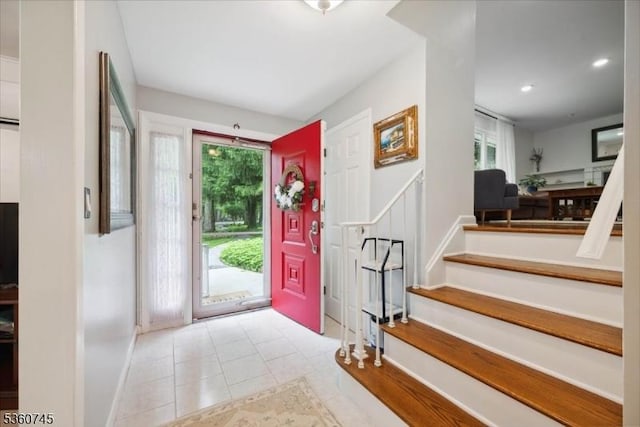 42 Wildwood Ter, Watchung Boro, NJ 07069 - foyer featuring healthy amount of natural light, stairway, recessed lighting, and tile patterned flooring