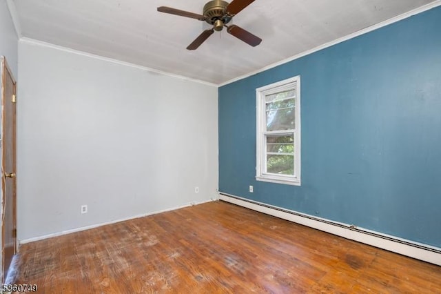 30-32 Geneva St, Elizabeth City, NJ 07206 - empty room with a baseboard heating unit, crown molding, a ceiling fan, wood finished floors, and baseboards
