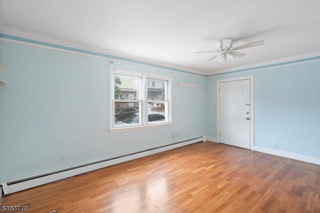 30-32 Geneva St, Elizabeth City, NJ 07206 - empty room featuring baseboard heating, ornamental molding, a ceiling fan, wood finished floors, and baseboards