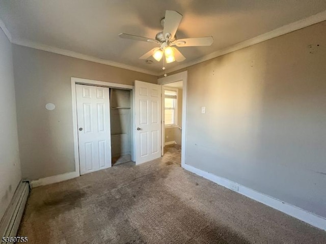 118 Maple St, Kearny Town, NJ 07032 - unfurnished bedroom with a baseboard radiator, a closet, baseboards, carpet floors, and crown molding