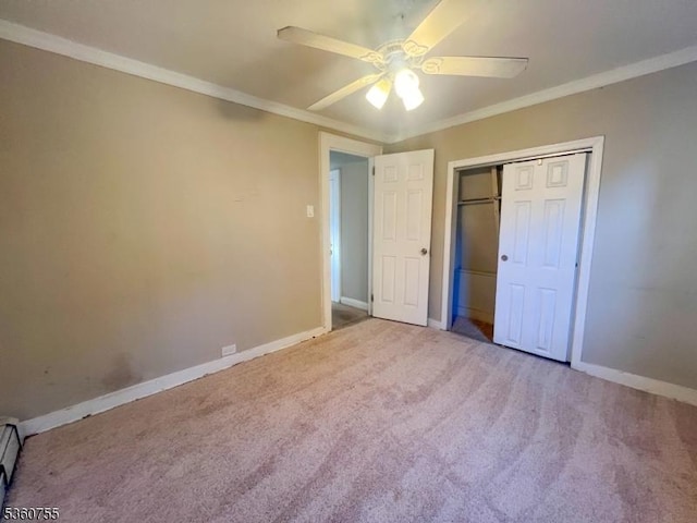 118 Maple St, Kearny Town, NJ 07032 - unfurnished bedroom featuring carpet flooring, ornamental molding, baseboards, a closet, and ceiling fan