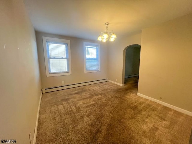 118 Maple St, Kearny Town, NJ 07032 - empty room with baseboard heating, arched walkways, a chandelier, carpet, and baseboards